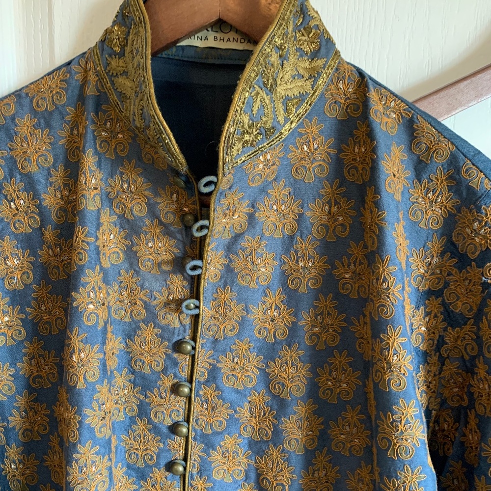 Men’s Kurta set in blue and gold. Pink Lotus by Rina Bhandari